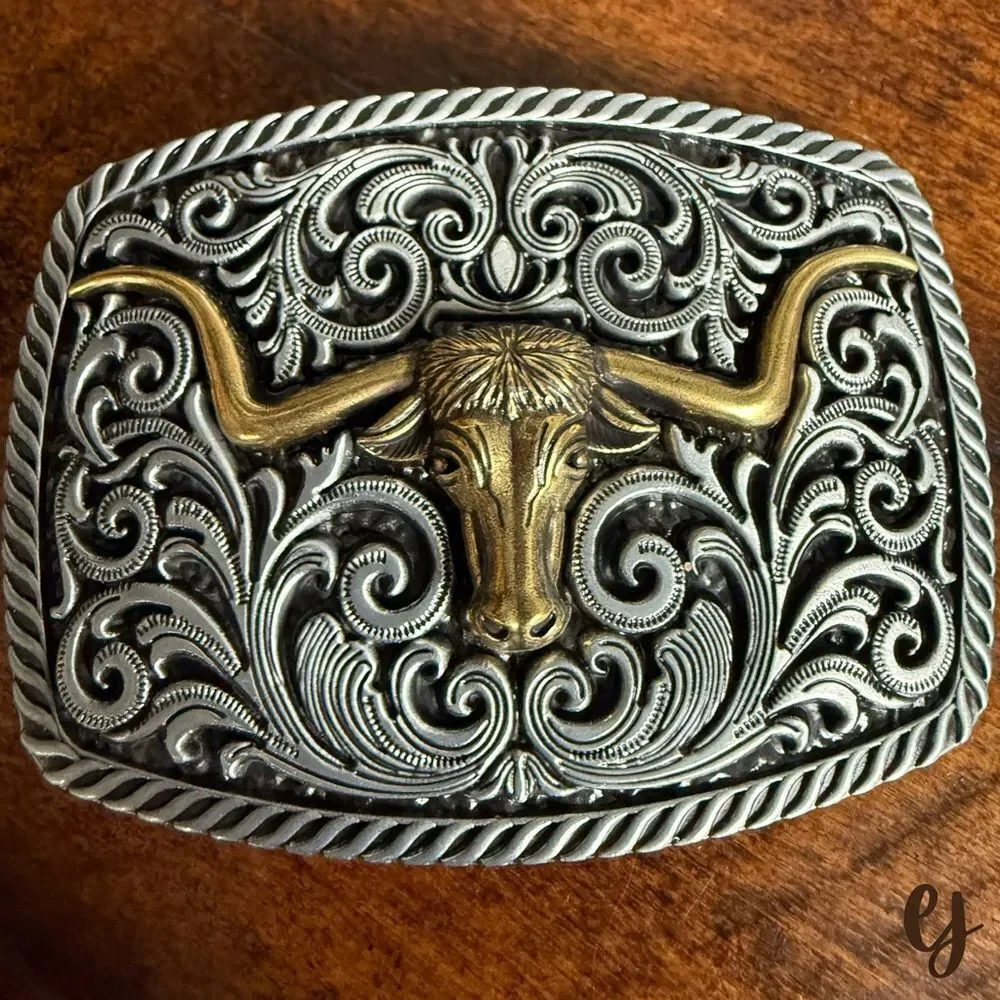 Texas Longhorn Belt Buckle - Western Silver To e Brass Accent Engraved Style